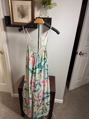 Floral Tropical Print Slip Chemise in Mint and Pink